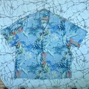 TOMMY BAHAMA Silk Camp Shirt Men's 2XB Heritage Tortola Blue w Red Green Flowers